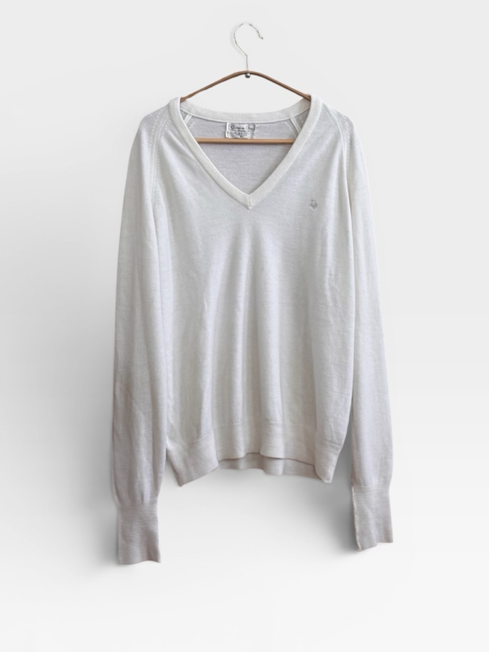 VINTAGE CHRISTIAN DIOR Off-White Cream Knit Acrylic V-Neck Sweater Size XL